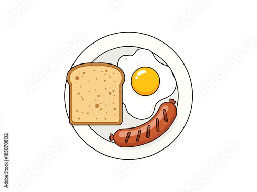 Flat Design Breakfast Plate Toasted Bread Fried Egg and Sausage