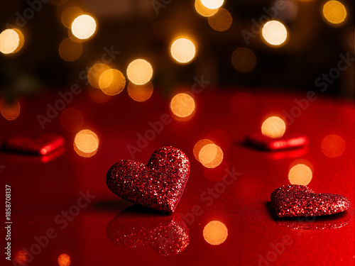 Romantic red glitter hearts with golden bokeh lights on dark background, love and Valentine’s Day concept, wedding romance, festive holiday decoration
