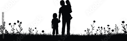 Mother silhouette standing with two children in nature, maternal love and protection, family bond, peaceful childhood moment, minimal black and white illustration