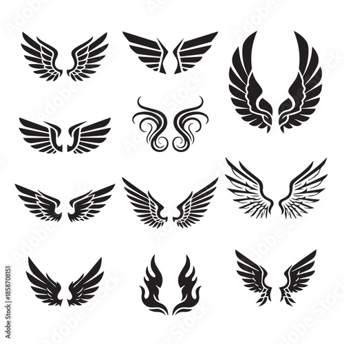 Collection of stylized wing designs and symbols in black