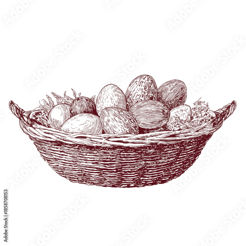 Vintage engraving of a woven basket filled with Easter eggs, rendered in detailed monochrome ink with ornate linework and classic 19th century style. Vector