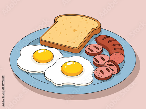 Full Breakfast Meal with Fried Eggs Toast and Sausage on Plate