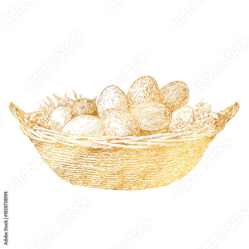 Vintage engraving of a woven golden basket filled with Easter eggs, rendered in detailed monochrome ink with ornate linework and classic 19th century style. Vector