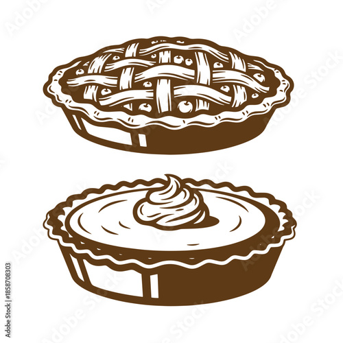 Vintage Brown pie illustrations with lattice and whipped cream toppings on white background