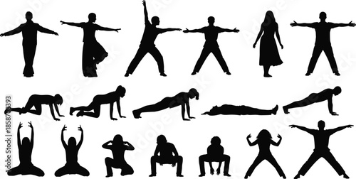movement, silhouette, exercise, posture, stretch, dance, pose, fitness, body, black, white, icon, illustration, vector, design, symbol, dynamic, physical, activity, motion