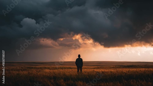 Silhouette of person standing in field under dramatic storm clouds at sunset