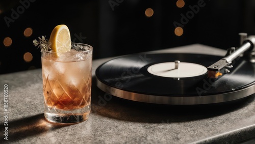 Cocktail and Vinyl Record - A Retro Aesthetic.