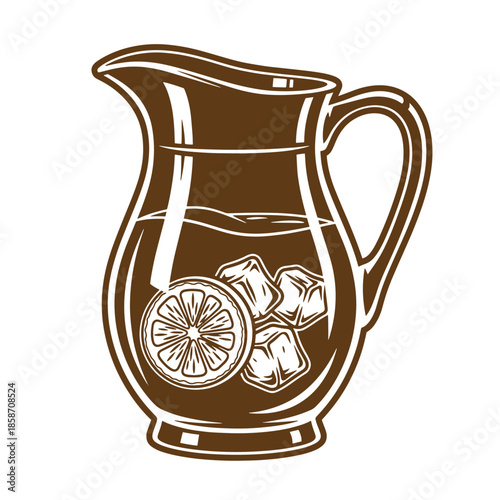Vintage Brown pitcher with ice cubes and lemon slice inside for cold refreshing drinks