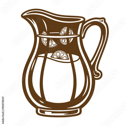 Vintage Brown pitcher with water and lemon slices inside  illustration