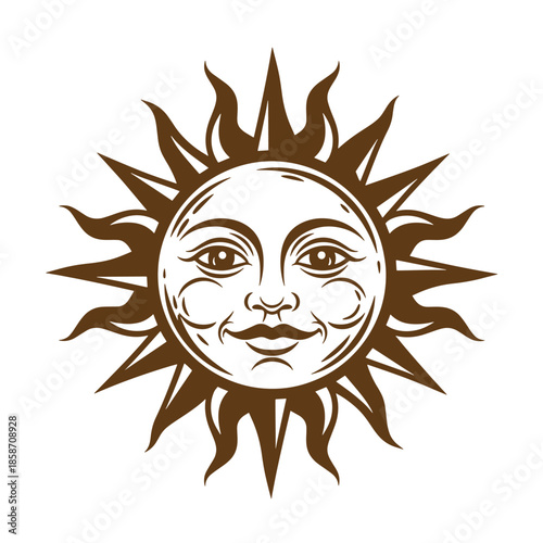 Vintage Brown sun illustration with human face and rays on white background  symbol for warmth and happiness