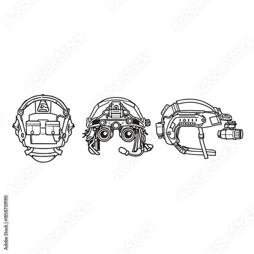 clean multi angle line art vector illustration of a tactical helmet with night vision goggles and integrated gear