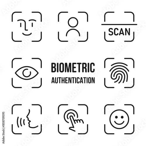 Biometric authentication icon. Modern security scan symbol with face, fingerprint, voice and touch recognition vector. Clean identity verification for safe digital access. Smart protection concept.