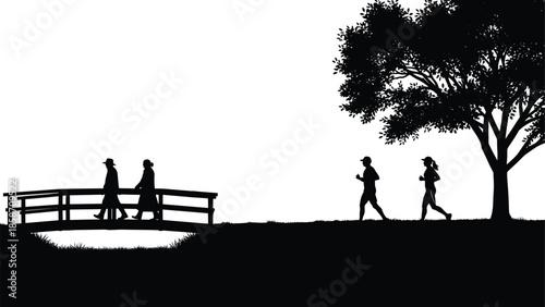 People silhouette walking and jogging in park, outdoor lifestyle, fitness, healthy activity, nature landscape, bridge, tree, morning exercise