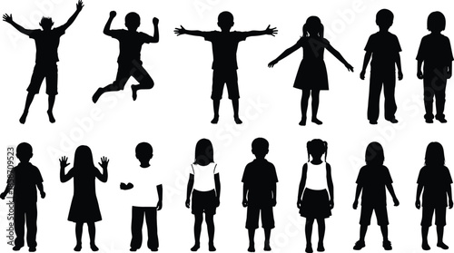 Diverse set of black silhouettes of young children in various active poses representing childhood joy education community play and population