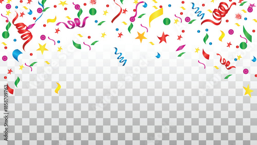 Colorful confetti and streamers falling from top border, festive celebration background with transparent area below