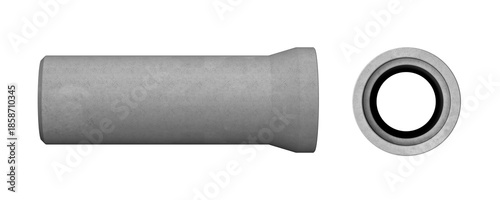 Reinforced Concrete Pipe with Bell End, Side and Front View, Isolated on White (3D Render)