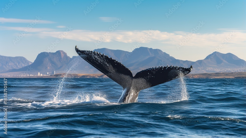 Fototapeta premium Majestic whale's towering tail fluke rising from deep blue ocean against distant rugged mountains