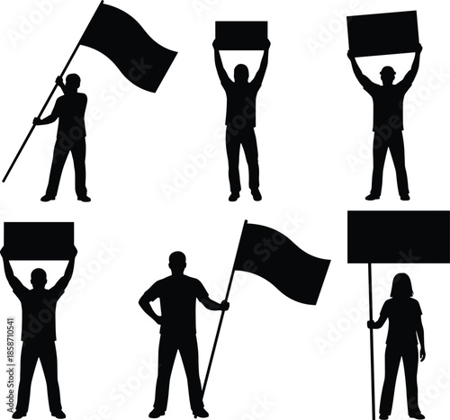 protest, silhouette, sign, flag, people, group, black, white, icon, illustration, vector, design, symbol, unity, action, message, demonstration, posture, gesture, movement