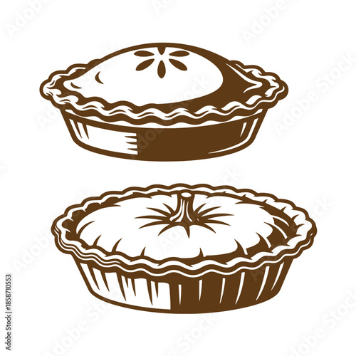 Vintage Two brown pie illustrations with different crust designs on transparent background