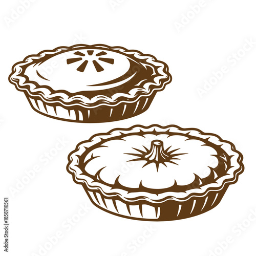 Vintage Two brown pie crusts with decorative tops and crimped edges on white background