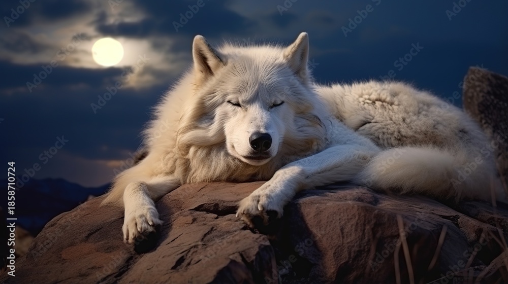 Fototapeta premium Majestic white wolf resting on rugged rock under a moonlit night sky