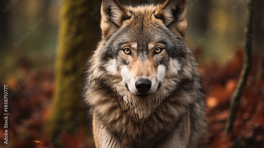 Fototapeta premium Majestic Woodland Wolf Stares Directly at the Camera Amid Autumn Foliage