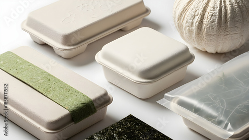 Assortment of ecofriendly biodegradable food containers made from molded pulp and natural materials for sustainable takeout and delivery packaging