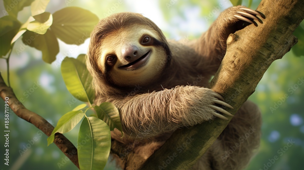 Fototapeta premium Playful, Smiling Sloth Clinging Cheerfully to a Sunlit Tree Branch in a Lush Tropical Forest