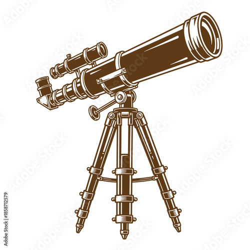 Vintage A brown illustration of a vintage telescope on a tripod stand for astronomy and stargazing  isolated on white background