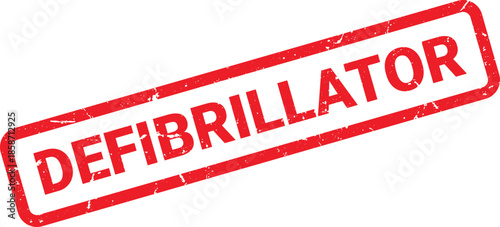 Distressed Red Defibrillator Rubber Stamp for Medical Alerts and Warnings, White Background