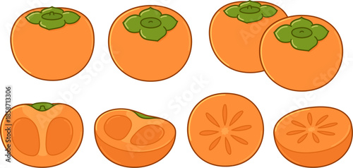 Hand drawn cartoon persimmon set. Whole fruit and cut cross section. Isolated vector clip art illustration.