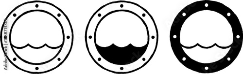 Hand drawn porthole logo. Simple, minimal black and white doodle style vector illustration. 3 variations: line art and solid color.
