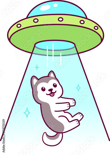 Aliens on flying saucer abduct dog. Funny cartoon husky puppy and UFO drawing, vector illustration.