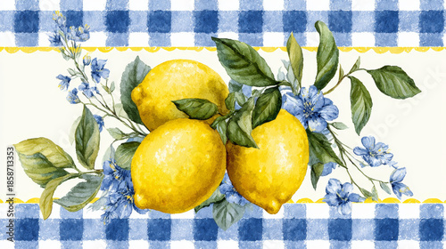 “Lemon and Floral Watercolor Illustration with Blue Mediterranean Tiles and Elegant Frame”