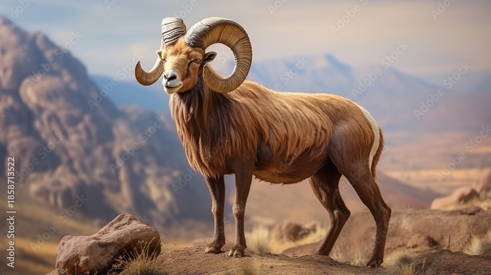 Obraz premium Statuesque Desert Ram with Massive Curved Horns Standing Amid Rugged Canyon Landscape
