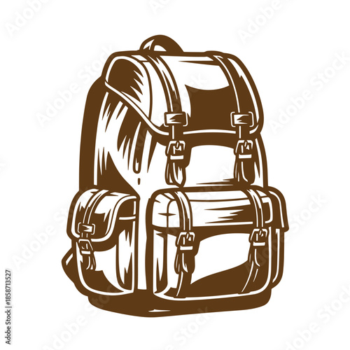 Vintage Brown backpack with multiple pockets and buckles for hiking or travel on white background