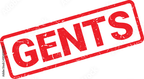 Red Gents Text Stamp with Grunge Texture, Indicating Male Restroom, Isolated on White Background