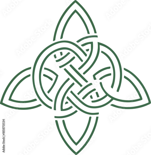Green Celtic knotwork design on a white background, featuring interconnected lines and shapes forming a three-leafed pattern.