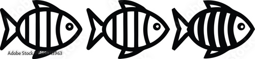 Three stylized fish icons in a row with simple bold design