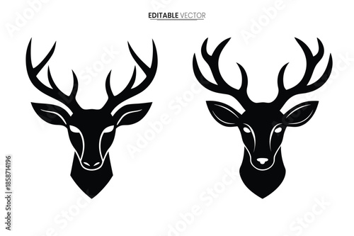 Elegant black and white vector illustration of two majestic deer heads facing forward