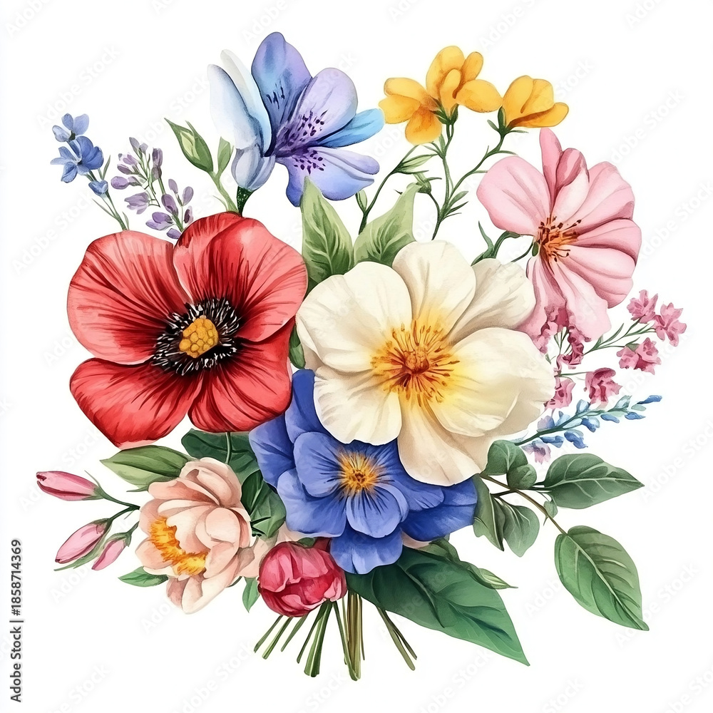 Fototapeta premium Bright and colorful bouquet of various spring flowers displaying a mix of petals, leaves, and natural beauty in a circular arrangement during daylight