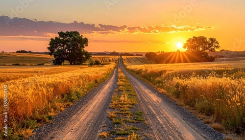 Dirt road through golden fields at sunset