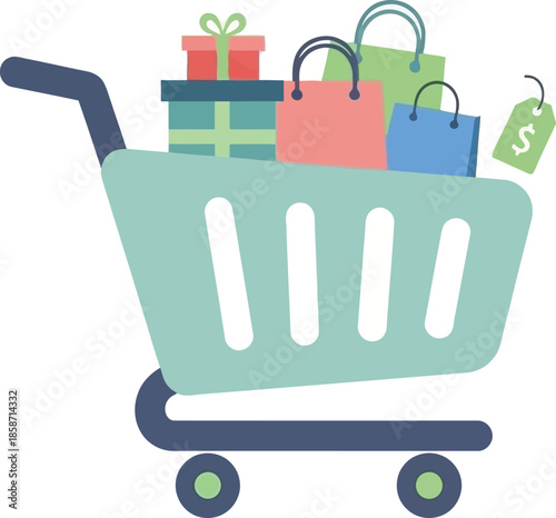 A colorful shopping cart overflowing with gifts and shopping bags