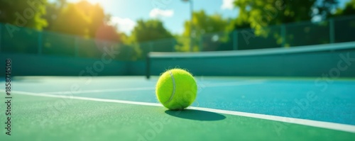 Sunny day, blue & green tennis court, tennis ball in center , outdoor, tennis court