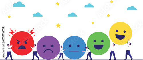 Various people moving colorful emoji faces representing customer feedback survey results satisfaction levels rating scale user experience and emotional reviews