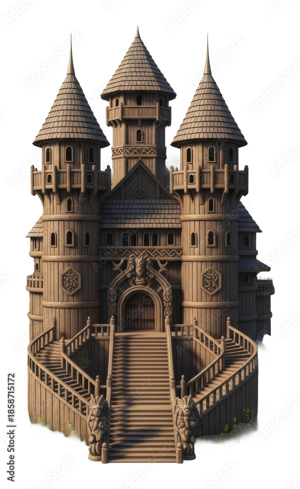 Obraz premium Wooden castle structure fantasy location model aerial view isolated on transparent background