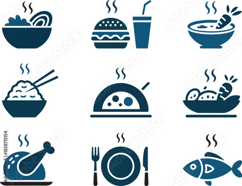 Restaurant Food Icons Collection Hot Meals Ramen, Burger, Chicken, Soup, Fish, Fast Food, Black and White Clipart