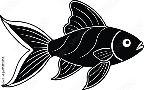 Illustration of a black goldfish with flowing fins isolated