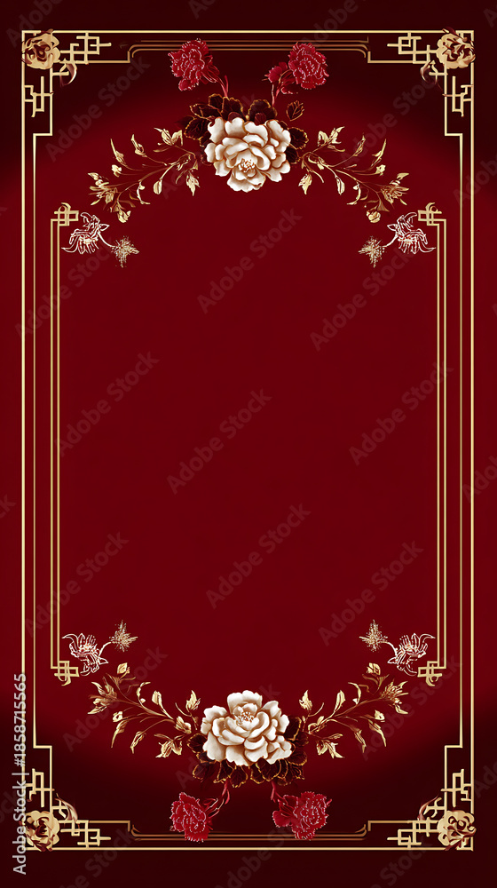 Obraz premium Luxury chinese background floral frame festive oriental background elegant design luxury chinese background with gold border and peony flower decoration festive oriental background for celebration