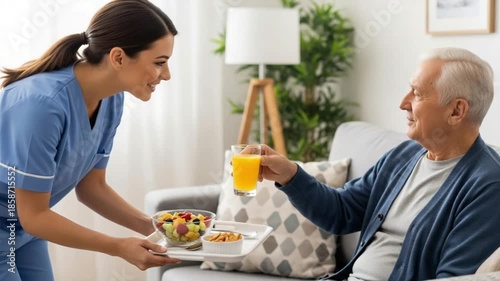 Nurse serving a meal to an elderly man in a cozy living room setting with a glass of orange juice and a plate of food